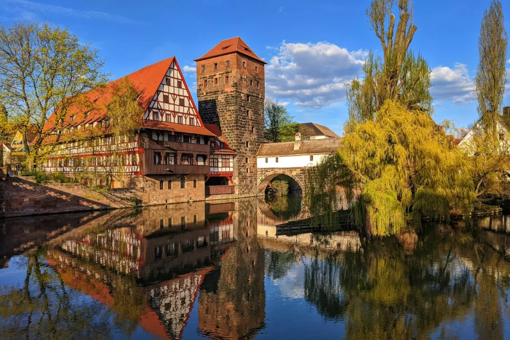 Historical buildings at the Pegnitz River in Nuremberg, Germany.