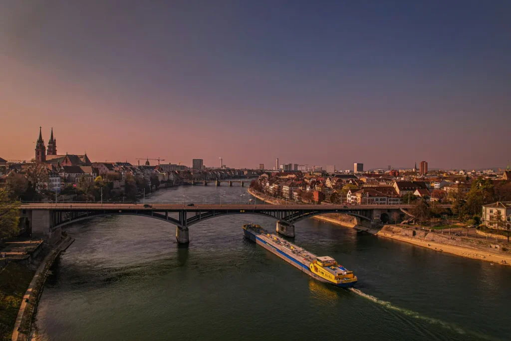 View on the Rhein River at Basle during sunrise or sunset.