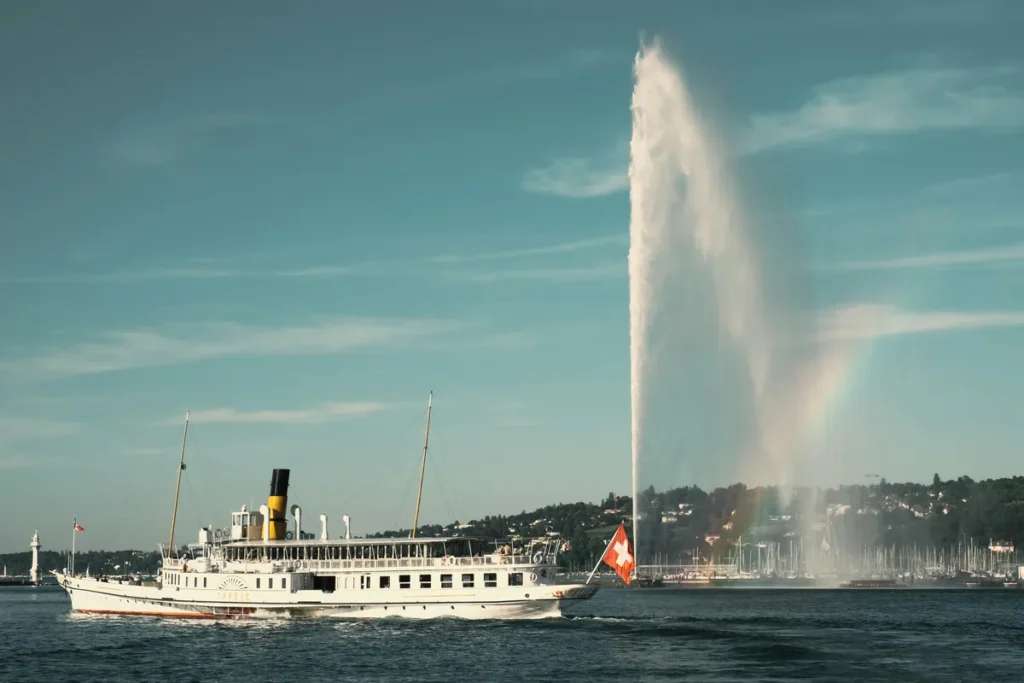 A view of Lake Geneva, with the famous water fountain serving as a symbolic image for a running route near Geneva Airport.